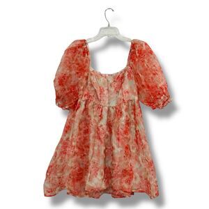 Audrey Parks Claudia Floral Organza Babydoll Mini Dress Puff Sleeve Size Medium